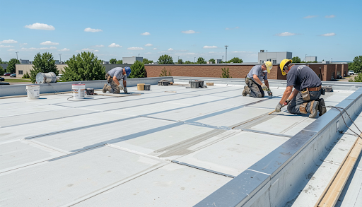 Professional flat roof installing on Regina commercial building