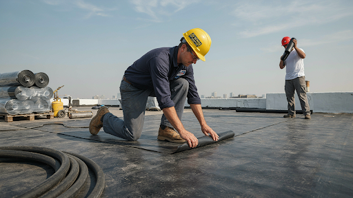 Flat roofing contractor installing roofing membrane in Regina